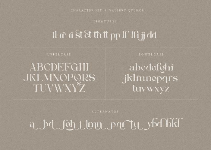 Vallery Qylmor Serif Font Character Set 1 Preview Image