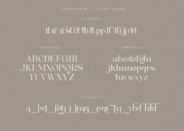 Vallery Qylmor Serif Font Character Set 1 Preview Image