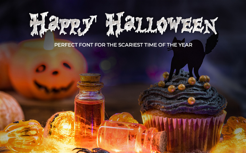 Halloween party elements and items with the text Happy Halloween written in a scary font