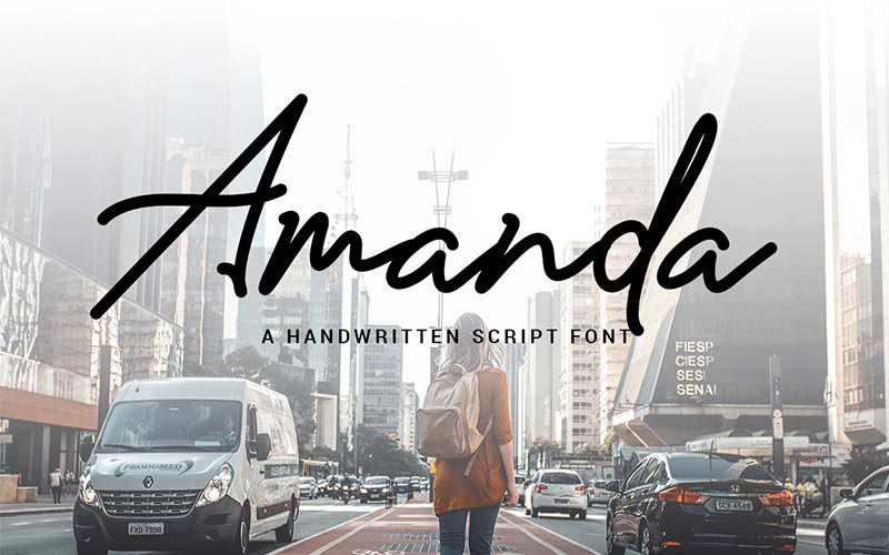 Amanda font banner with a girl standing n the middle of a busy road