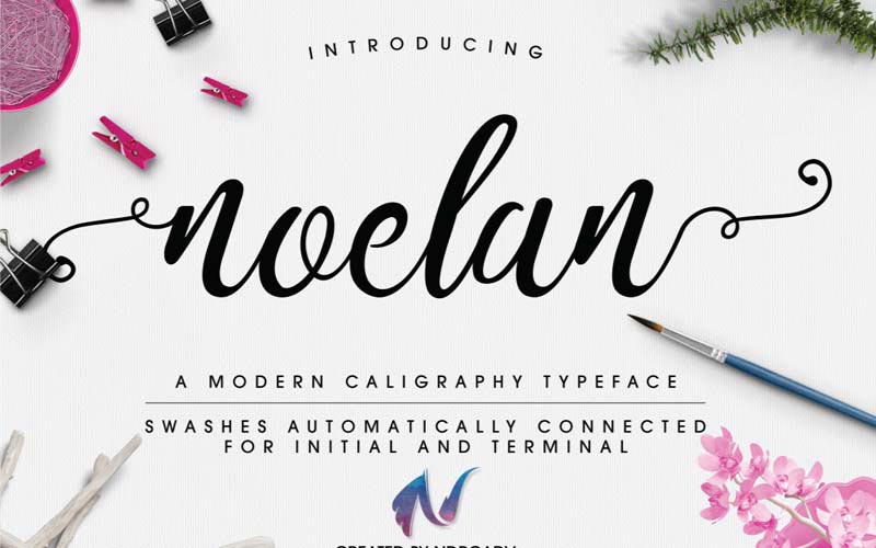 Noelan font banner with paper clips, and a paintbrush