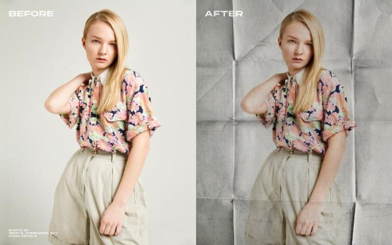 before and after applying the folded paper texture on an image - 1