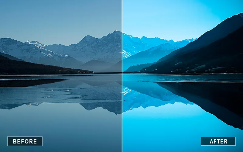 before and after using Landscape photoshop action on an image of nature