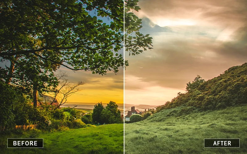 before and after using Landscape photoshop action on a landscape
